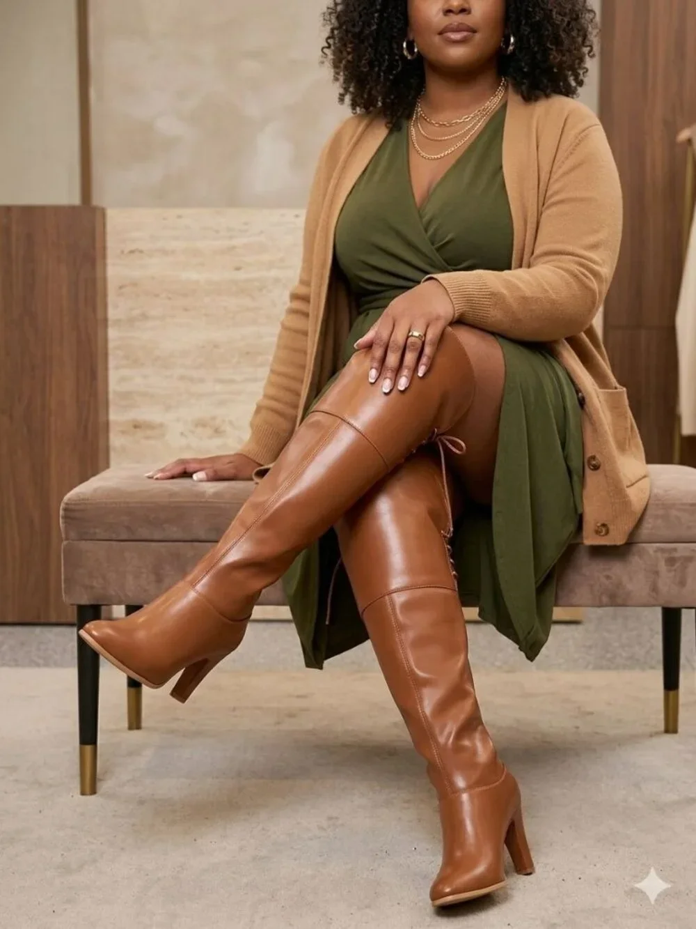 Coutgo Size 9.5 Boots Thigh High Light Brown Wide Calf Over The Knee Pointed Toe